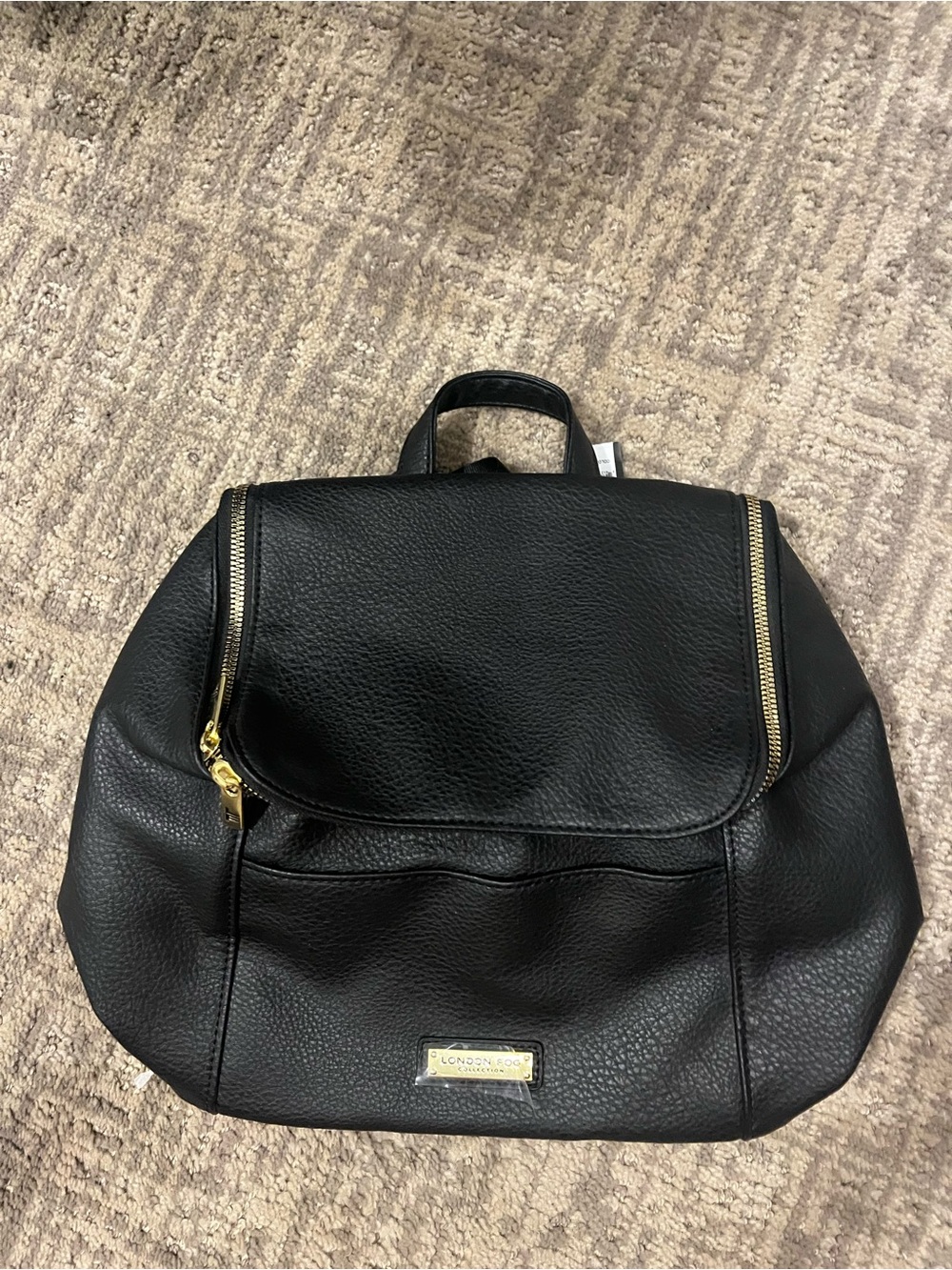 London Fog Black Pebbled Leather Backpack with Gold Hardware Accents
